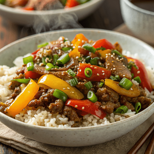Healthy beef and pepper rice bowl over brown rice