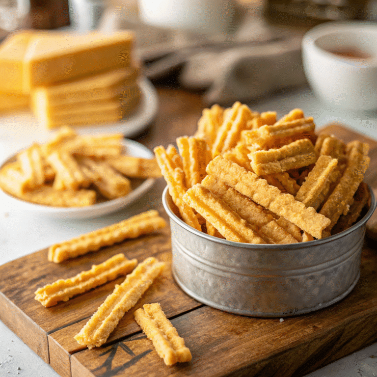 Cheese straws in vintage tin on wooden table