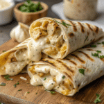 Cheesy garlic chicken wraps on a wooden board