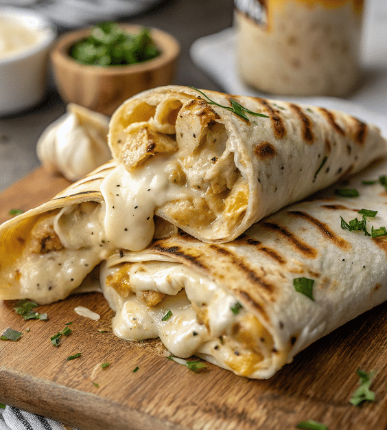 Cheesy garlic chicken wraps on a wooden board