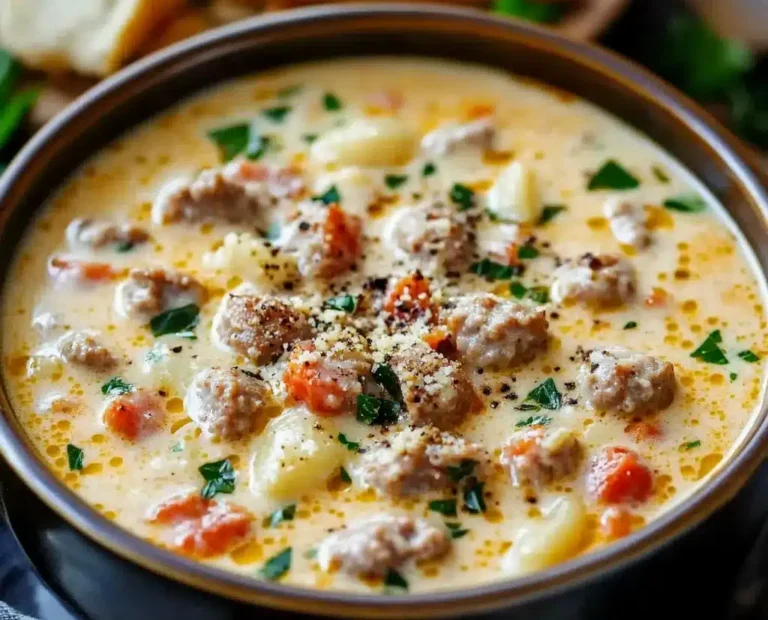 creamy parmesan italian sausage ditalini soup on rustic table