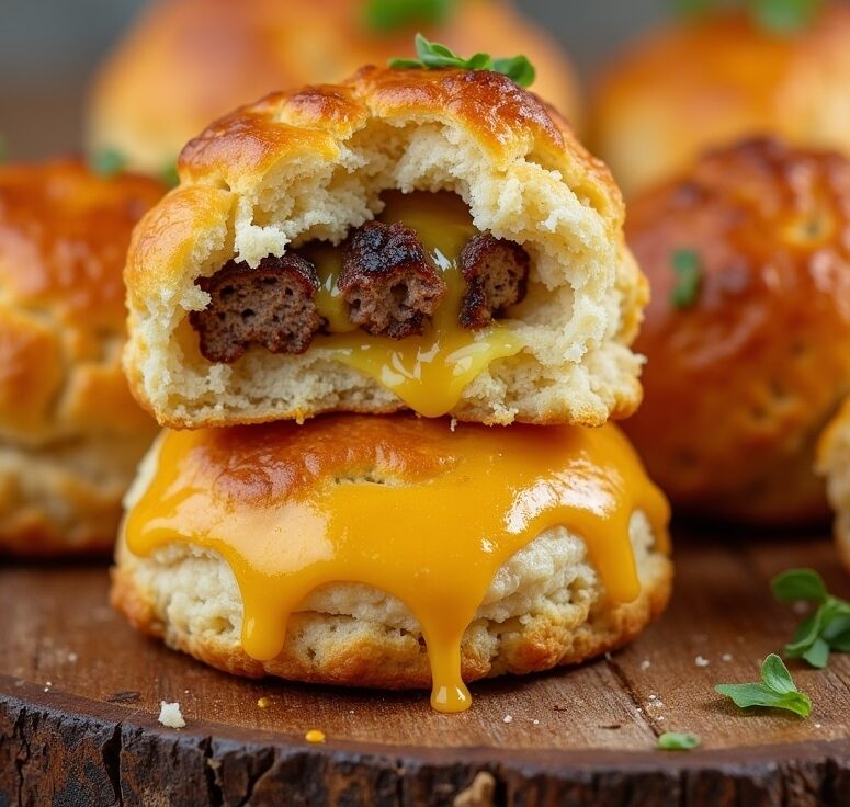 Garlic parmesan cheeseburger bombs on rustic table