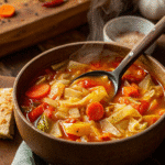 hearty cabbage soup in rustic bowl