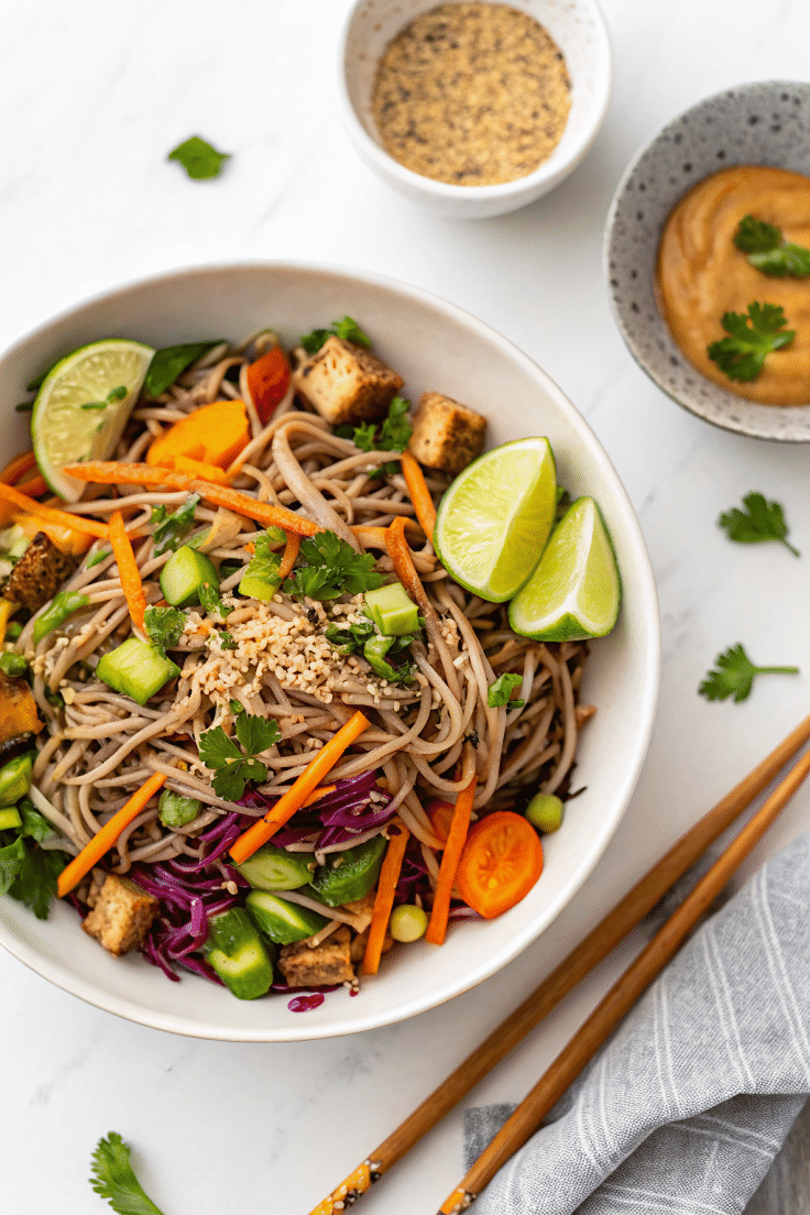 soba noodle salad with peanut sauce served in bowl