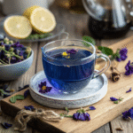 butterfly pea flower tea in rustic kitchen