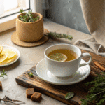 Woman drinking cortisol tea to reduce stress naturally