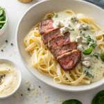 Diabetic-friendly steak gorgonzola alfredo with shirataki noodles