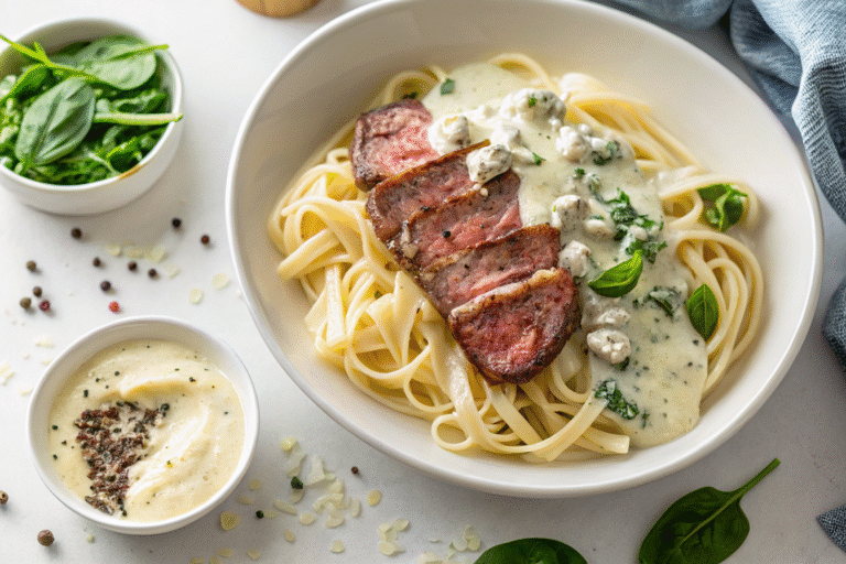 Diabetic-friendly steak gorgonzola alfredo with shirataki noodles