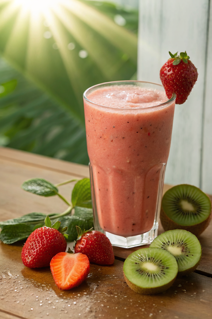 Kiwi Quencher Tropical Smoothie in glass with fruits