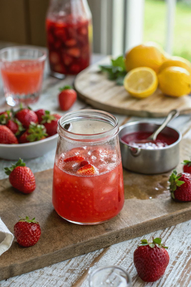 strawberry syrup for drinks in a glass jar