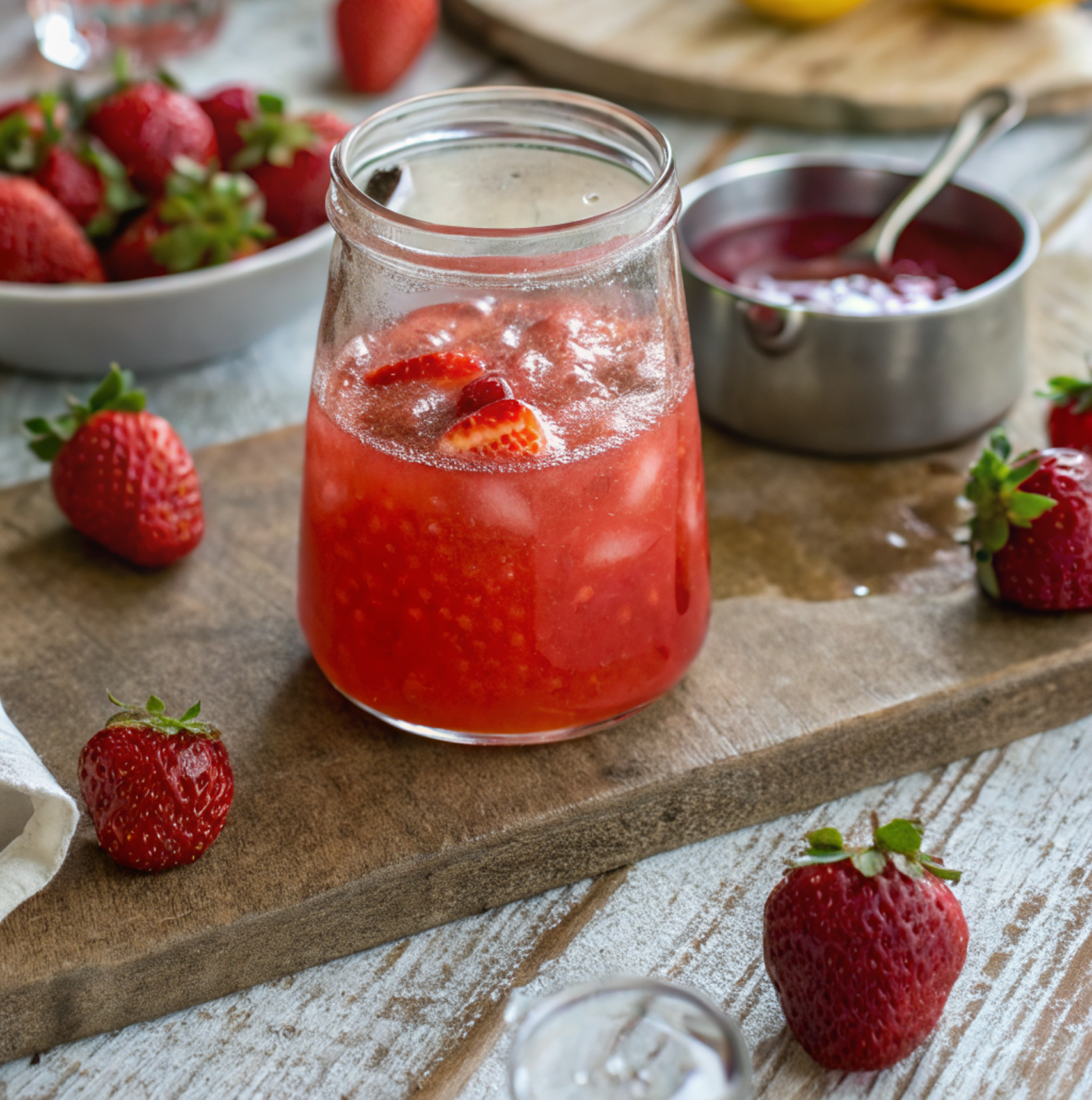 strawberry syrup for drinks in a glass jar