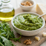arugula pesto in rustic bowl with fresh ingredients