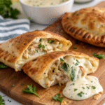 Chicken Alfredo Air Fryer Calzones Recipe sliced with creamy filling