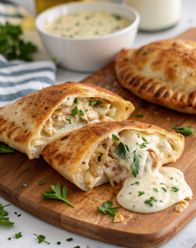 Chicken Alfredo Air Fryer Calzones Recipe sliced with creamy filling