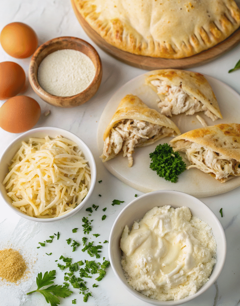 Chicken Alfredo Air Fryer Calzones Recipe Ingredients arranged flat lay