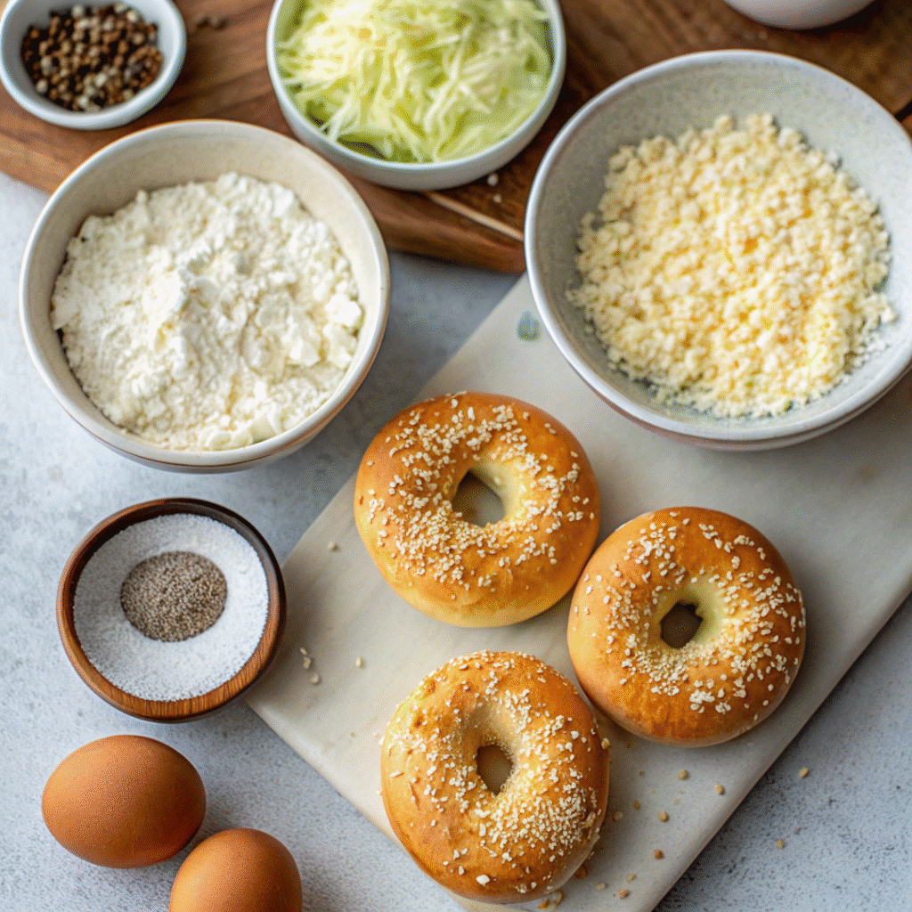 keto cottage cheese bagel ingredients on countertop