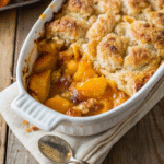 peach cobbler in rustic baking dish