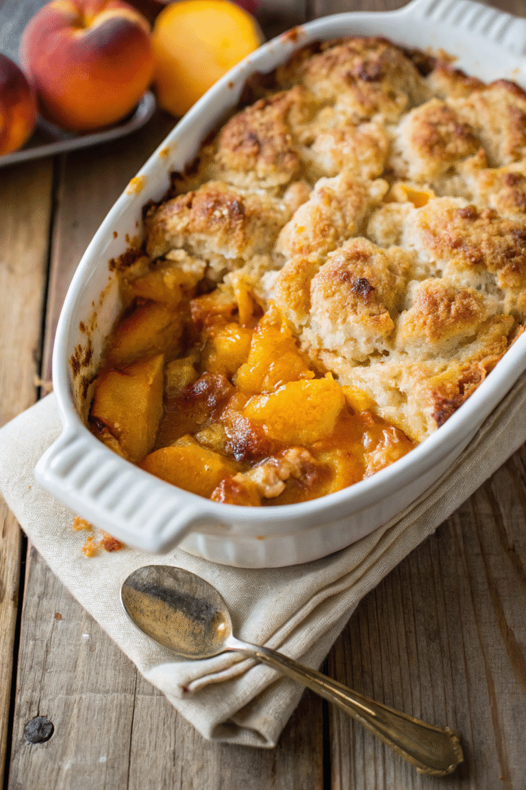 peach cobbler in rustic baking dish