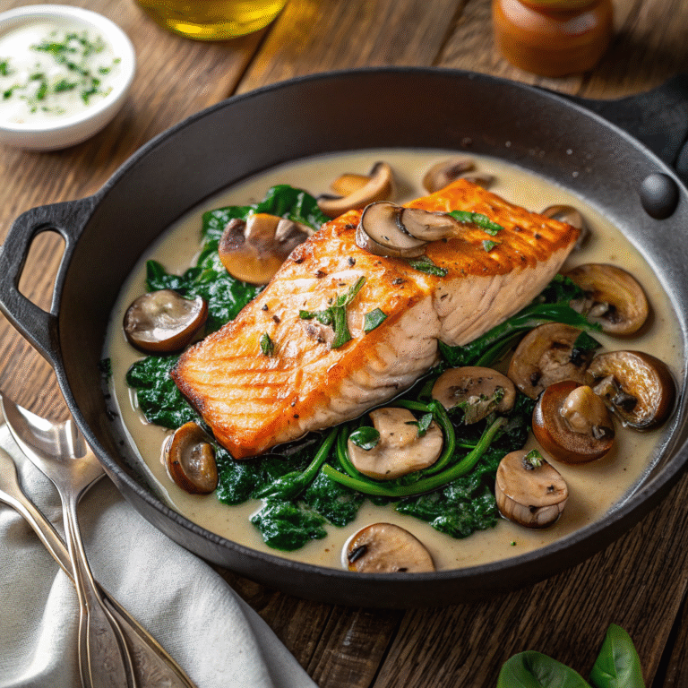 Garlic Butter Salmon Spinach Mushrooms in Skillet