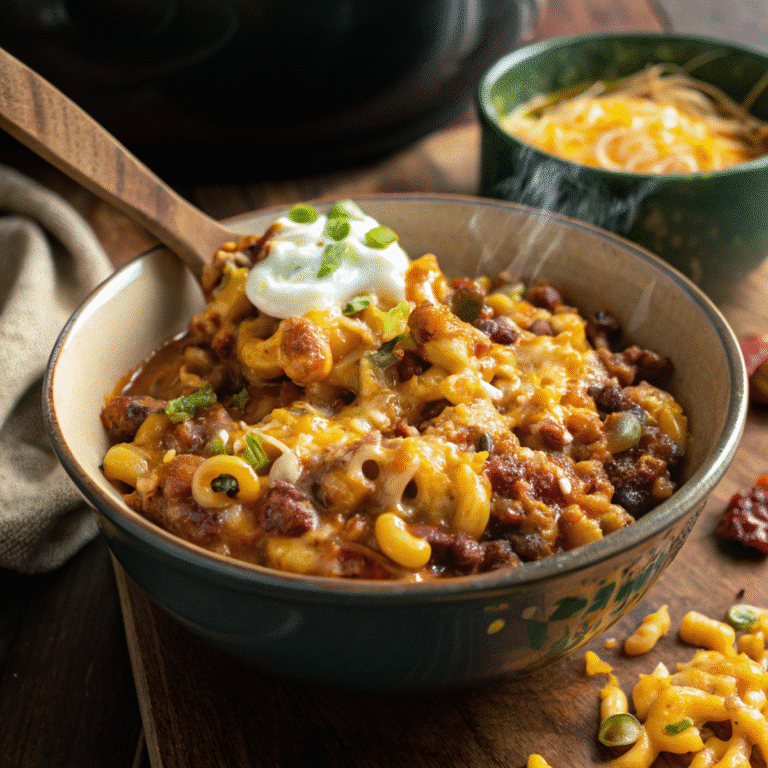 Slow Cooker Crockpot Chili Mac and Cheese